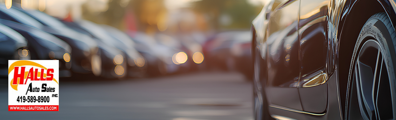 Various quality used cars are for sale at Hall’s Auto Sales in Mansfield, OH, with customers browsing the lot.