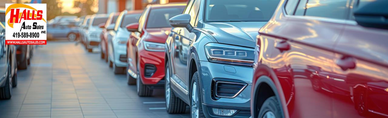 Rows of inspected used cars and trucks at Hall’s Auto Sales in Mansfield, Ohio, dealership lot